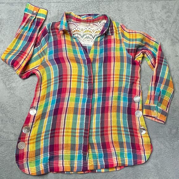 Soft Surroundings Tops - Soft Surroundings “Kona Shores” Rainbow Plaid Gauze Shirt |‎ Size M